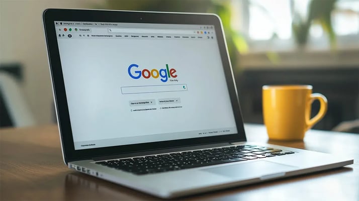 bilde av en laptop med google søk og google logo