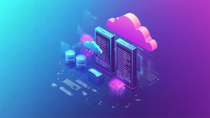 illustration of cloud servers with purple and blue hues. 